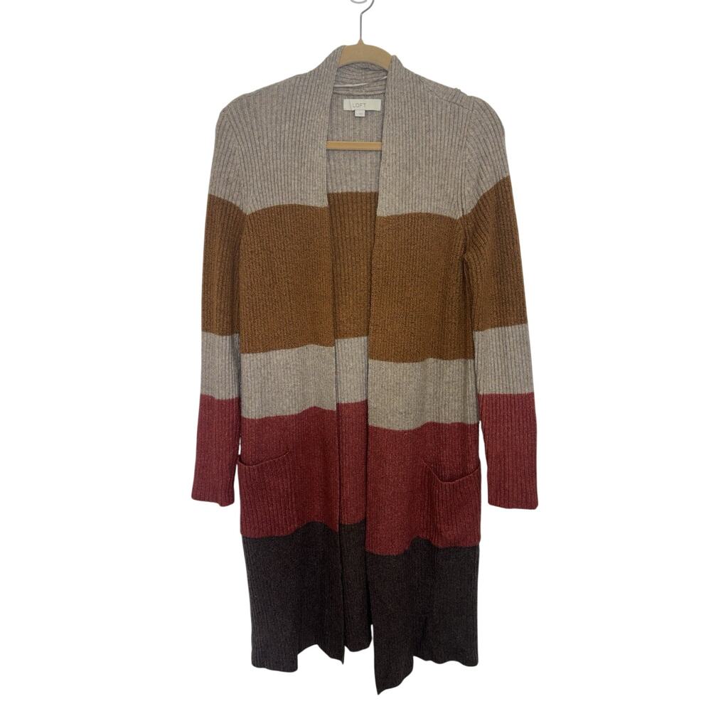 Loft Color Block Open Front Duster Cardigan Sweater Patch Pockets L Earthy